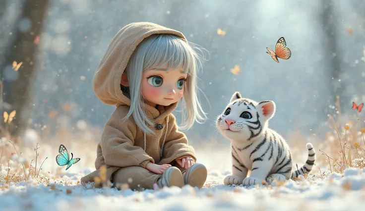 A cute   girl with ligher-skin, wearing old cloths, old brown hoodie with big blue eyes and grey long hair playing with butterflies with a little white tiger with black lines in snow, 3D animation