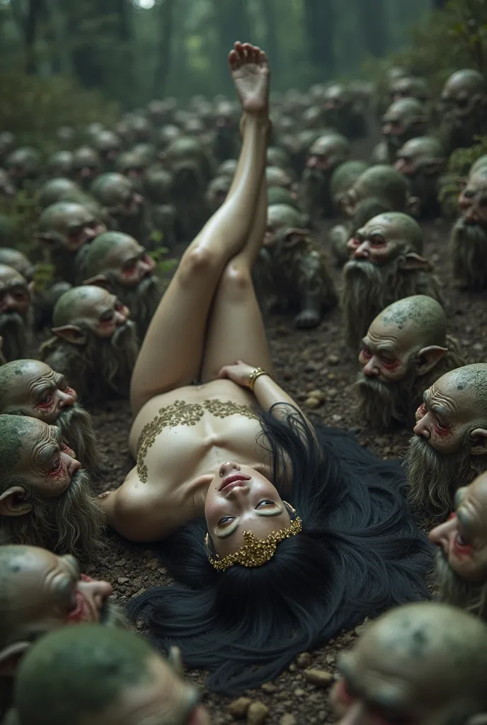 Realistic photo, cinematic quality, dark fantasy, beautiful sexy girl, long black hair, naked, golden crown on head, lies on the ground among a huge crowd of ugly evil gnomes. Gnomes are sleeping. Against the background of forest thickets.