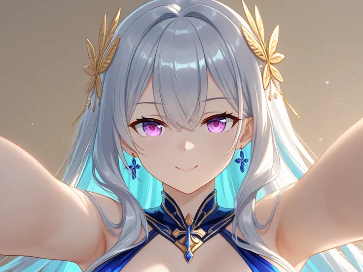 holy. Louis ( Luxury Wheels ) (Azur Lane), 1 girl, hair ornaments close to the garden, earrings, necklaces, portrait, Silver Dress, highly revealing clothing, looking towards the viewer, Alone