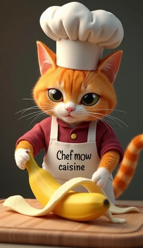 An ultra-realistic 3D digital artwork depicting an anthropomorphic orange cat using a maroon chef's outfit,white chef hat,White Apron,inscribable "Chef meow caisine ,using it to peel a banana on a wooden cutting board. His teeth are small but sharp, helpin...