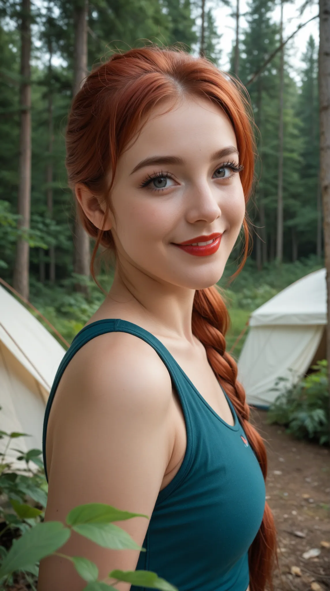 sweet girl, in the forest in a tent, in hiking tight clothes, at night, loving face, smile, long eyelashes, red lipstick, with very long straight redhead hair with ponytail and bangs, front view,