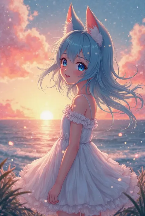  Anime style girl , fox ears,  Sky blue hair , ocean blue eyes, white fluffy dress developing in the wind looks towards sunset 