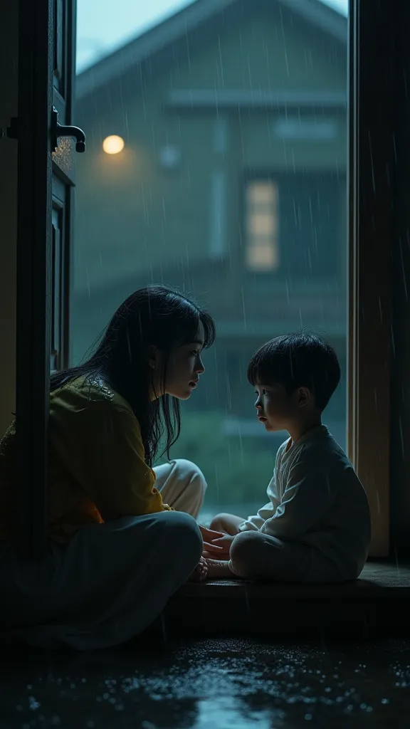 Picture of handsome Korean male baby face drenched in lethargic face on doorstep of house 
Face to face with a mother
 night atmosphere of heavy rain 