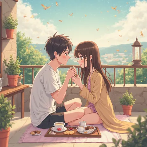 Boyfriends man and woman anime cute snacking at the tea ho in the house, details, afe,pan,milk,sweets, cookies, jam ,.pastel and warm colors,Let everything happen on the roof of the house.