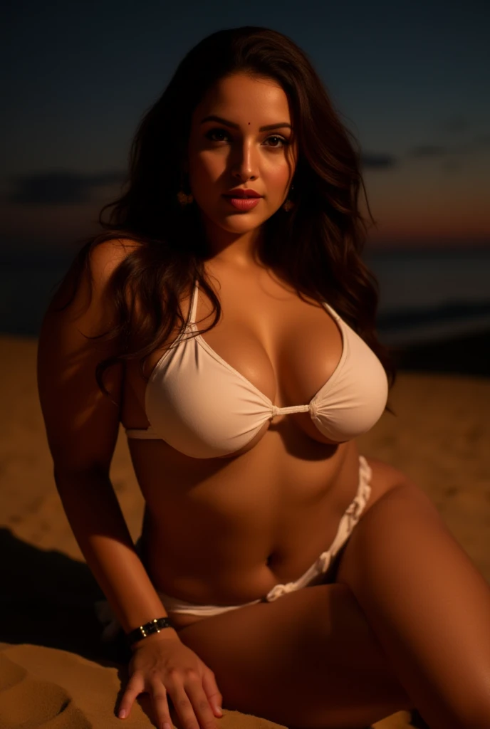 Create a detailed sensual and erotic image of a curvy thick busty indian woman with big breasts and deep cleavage in a white string bikini,she is in a dessert sitting on sand  during night with sensual erotic lighting ,she is seducing the viewers by giving...