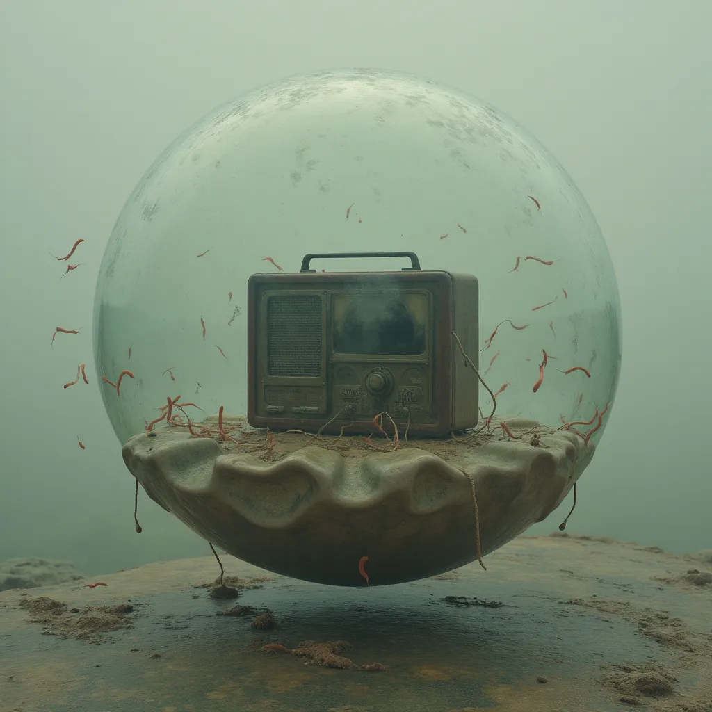 A vintage radio set floating in a bubble egg attacked by sperm