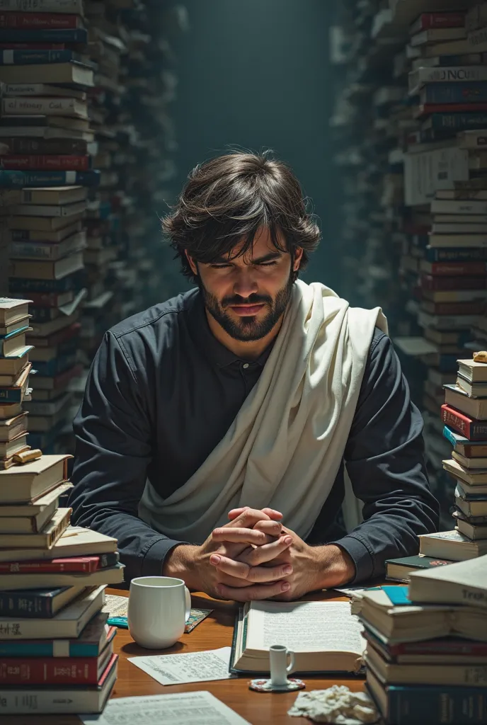 A stressed graduating student wearing a toga surrounded by books