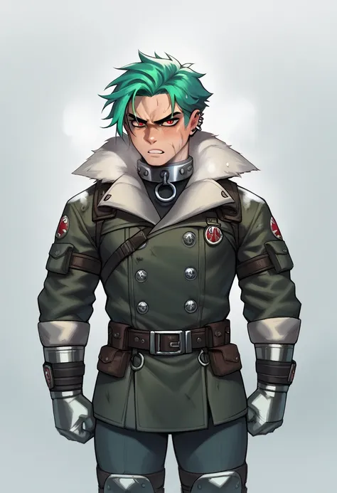 score_9, score_8_up, score_7_up, score_6_up, score_5_up, score_4_up, , 1male , mid 30s, battle-hardened appearance. He has messy, dark green hair and intense, piercing red eyes that convey a cold and serious demeanor. His face is set in a determined expres...