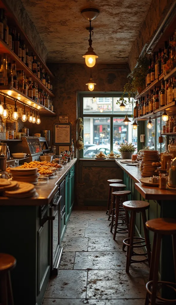 "The interior of a Parisian crêperie with rustic décor, crêpe-making equipment visible in the background, but the atmosphere is dimly lit with few people. The counter is slightly cluttered, as though waiting for customers who never come."
