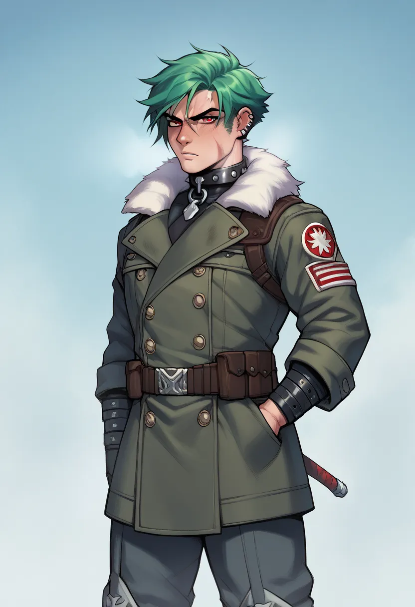 score_9, score_8_up, score_7_up, score_6_up, score_5_up, score_4_up, , 1male , mid 30s, battle-hardened appearance. He has messy, dark green hair and intense, piercing red eyes that convey a cold and serious demeanor. His face is set in a determined expres...