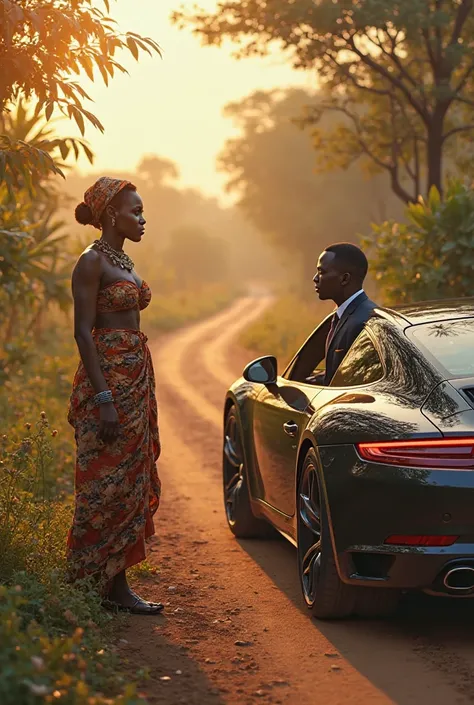 Une femme africaine belle se tenant au bord de la route avec ses marchandises et un homme africain  s’arrêter  devant elle dans une voiture luxueuse