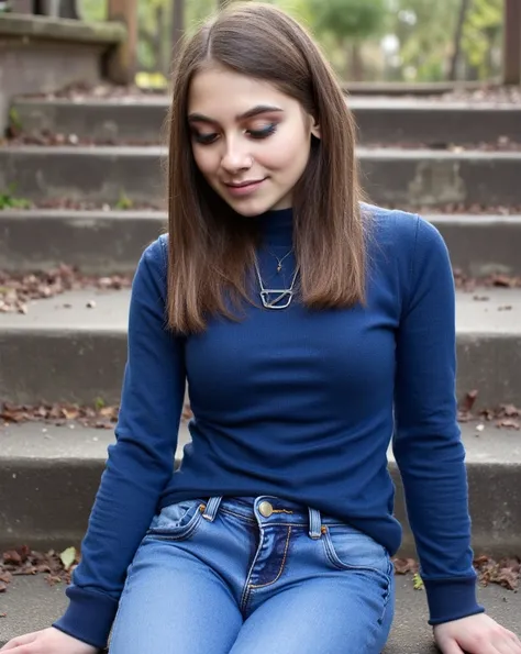  woman sitting on stairs . Has a blue sweater on.  and jeans . In addition, sneakers.  style photorealistic, sharp focus, very detailed, sunlight, detail, full body