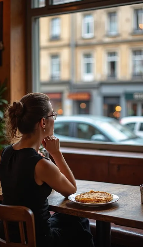 "A table set for two inside the crêperie with empty chairs, no customers. A single plate of crêpes sits untouched on the table, with the owner gazing out the window in deep thought, her face filled with frustration."
