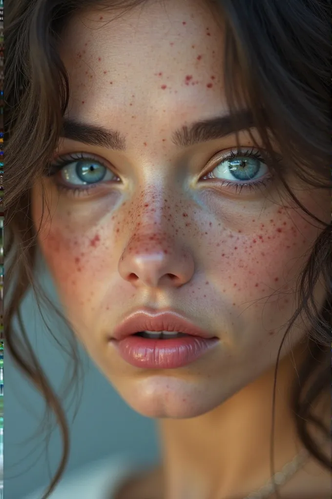 The image is a close-up digital portrait of a person with strikingly realistic features. The focus is on the face, highlighting vivid blue eyes with detailed reflections. The skin is smooth with a natural glow, and there are subtle freckles across the nose...