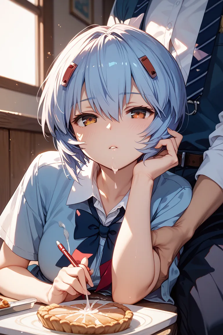 Blue Hair　shortcut from elbow to hand、 middle school student、Rei Ayanami、 expressionless、schools、 covered with large amounts of sperm 、cum shot sex、pie pan。