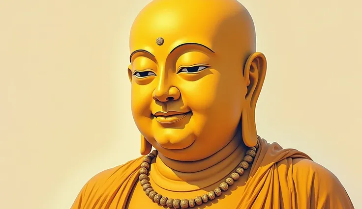 Magazine illustration，Portrait drawing，((A Maitreya Buddha：1.3))，Yellow skin，HD facial smile，Golden Buddha beads around the neck，With a golden robe，Close-up，k hd，Sony SLR lens，high definition detail，Soft lighting，Master masterpieces