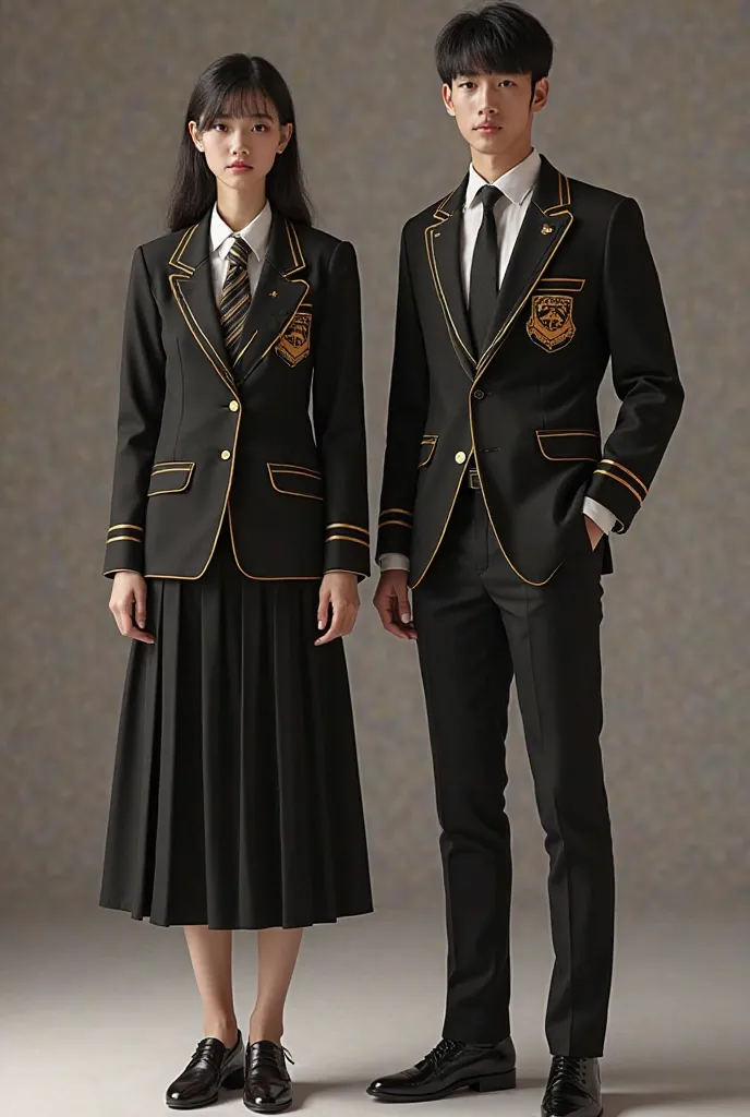 Black with gold color school uniform for men and women. Skirt for women and pants for men. From head to toe picture. 
