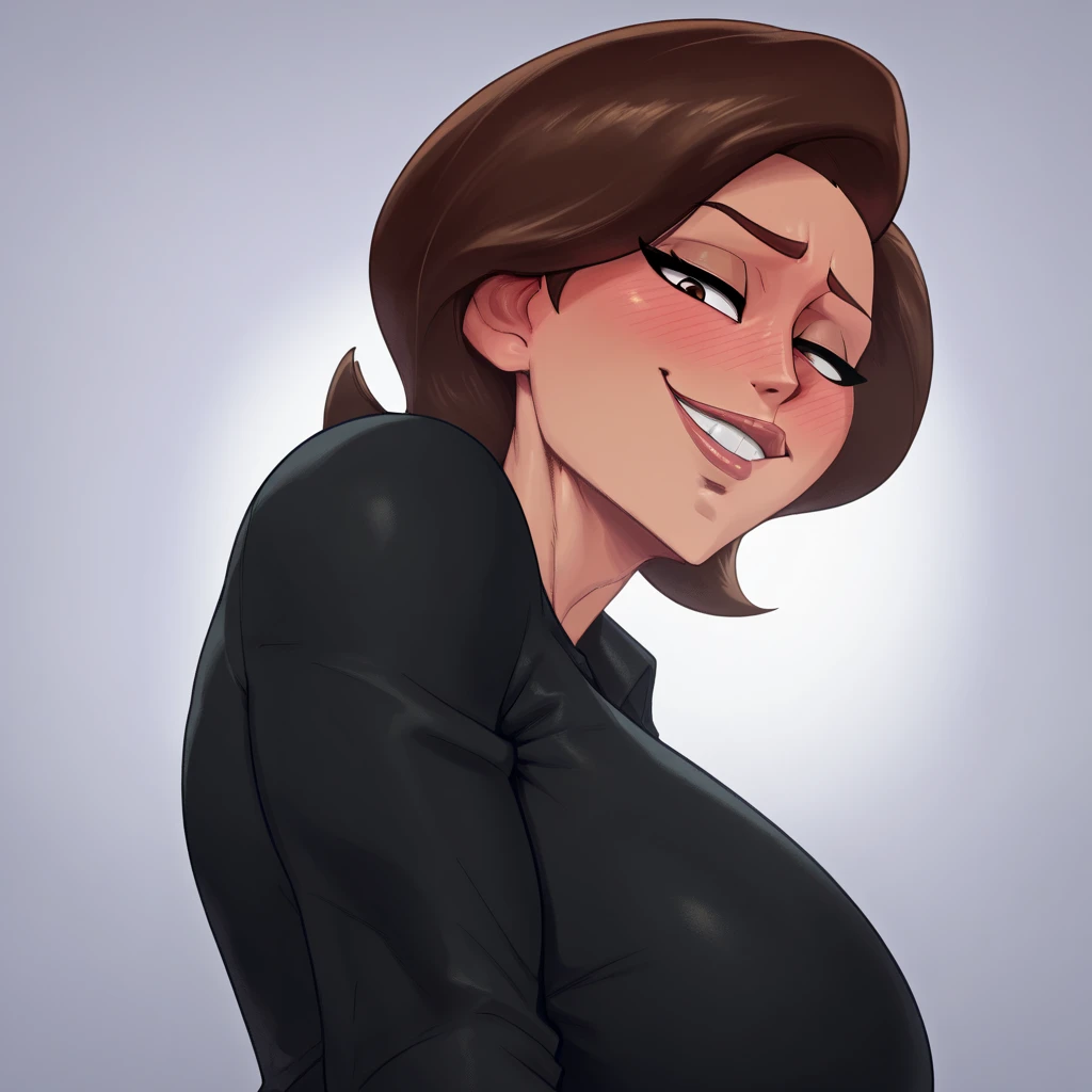 score_9, score_8_up, score_7_up, score_6_up, score_5_up, score_4_up, large breasts, black loose pants, black shirt, helen parr, elastigirl, looking down at viewer, naughty smile, seductive look, focus on face, Seductive smile, Naughty face, Embarrassed, Bl...