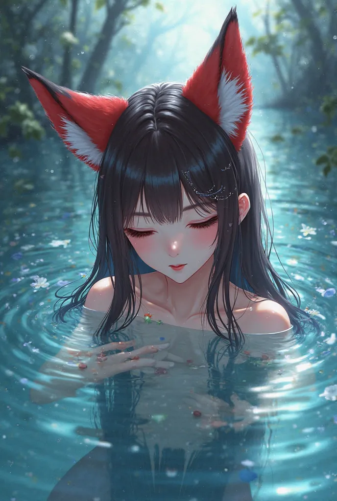  Anime style girl , fox ears on the water surface ,  eyes closed , water drops on eyelashes , are bright red 