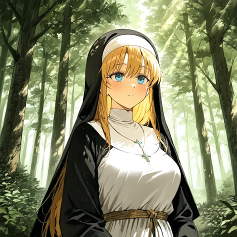 masterpiece, (((( best quality )))), shiny skin,Tall Length,Big body,nun,, in the woods