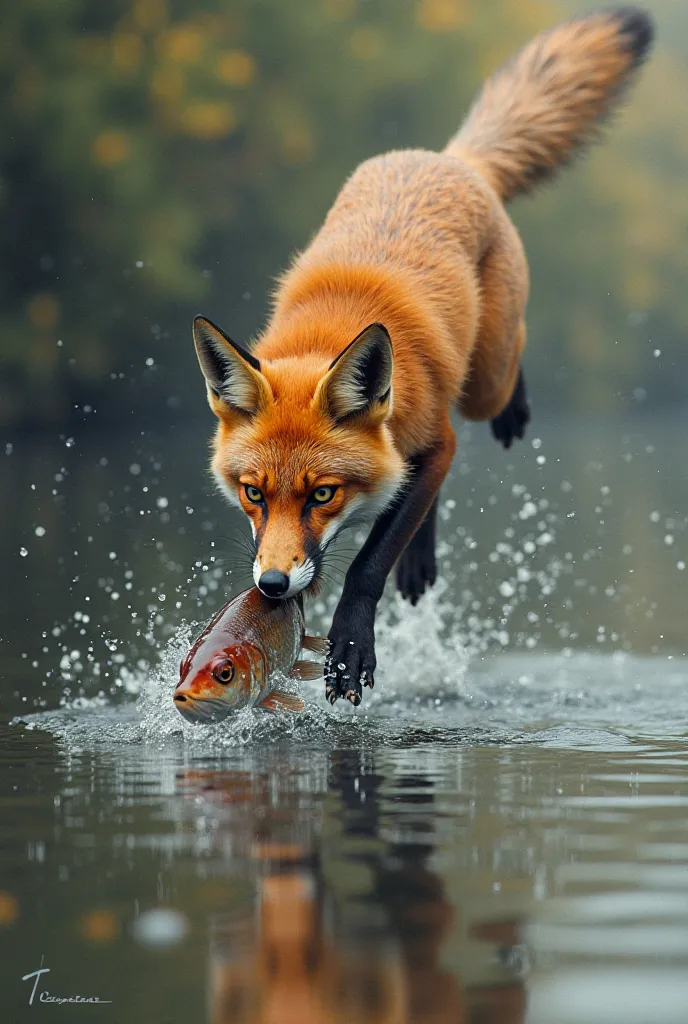 A fox catching a fish