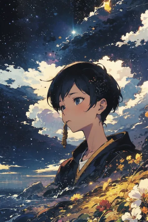 Studio Ghibli aesthetics using , Something no one has ever seen、depicting the ultimate world sky that no one has ever imagined, Soft colors, tobacco, illustration --ar 4 :9