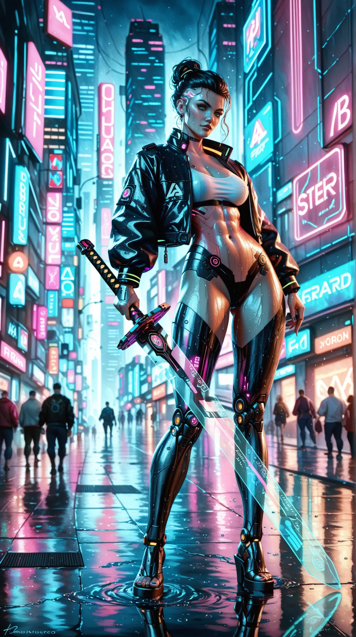 A futuristic female samurai，with holographic display and neon body communication，reflected on wet street，with cyberpunk atmosphere，Digital watercolor style， fine detail，Vivid Colors