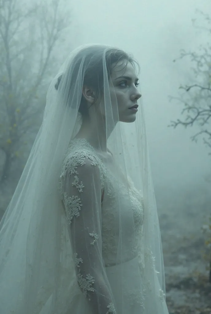 he Ghost Bride lifting her veil slightly, revealing sorrowful, hollow eyes before vanishing into the mist.