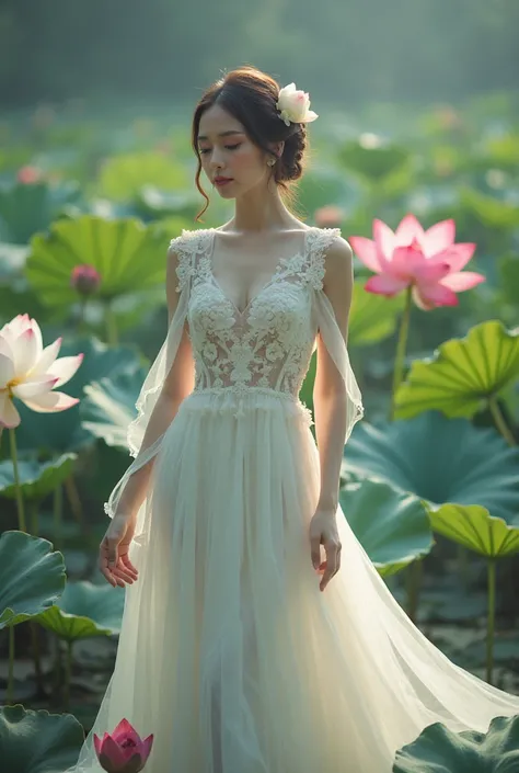 a woman in an elegant, flowing white gown adorned with floral designs. She is standing in a serene environment surrounded by large lotus flowers in various colors, including white and red, along with broad green leaves. The setting resembles a tranquil gar...