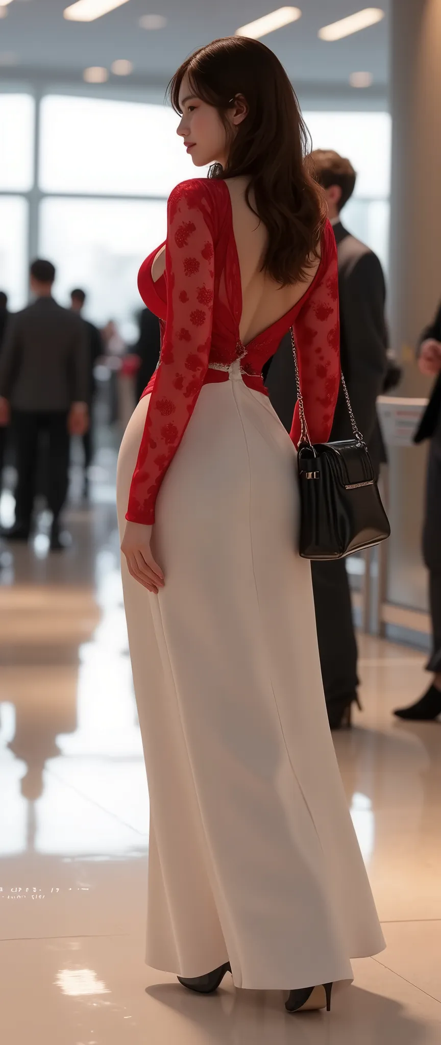 Airport arrival flight lobby、rear view of a young woman waiting for someone、(well-defined big breasts, deep cleavage:1.4)、transparent red long dress,  shoulder bag、White Long Skirt、Black High Heels