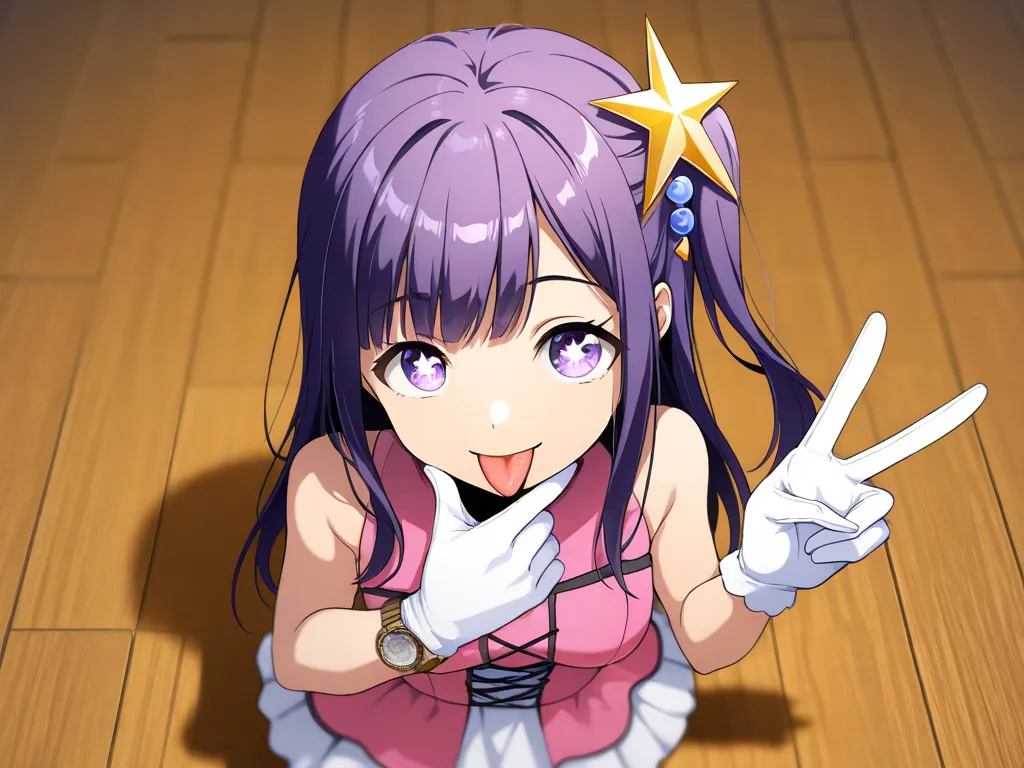 Hosono Ai , gloves, tongue sticking out, tongue, long hair, star (  symbol ),  watch viewer , (purple hair: 1.2), purple eyes, upper body, hair ornaments close to the garden, Raffles , pink  shirt, smile, sleeveless,  shirt, idol,   symbol  shaped pupil, r...