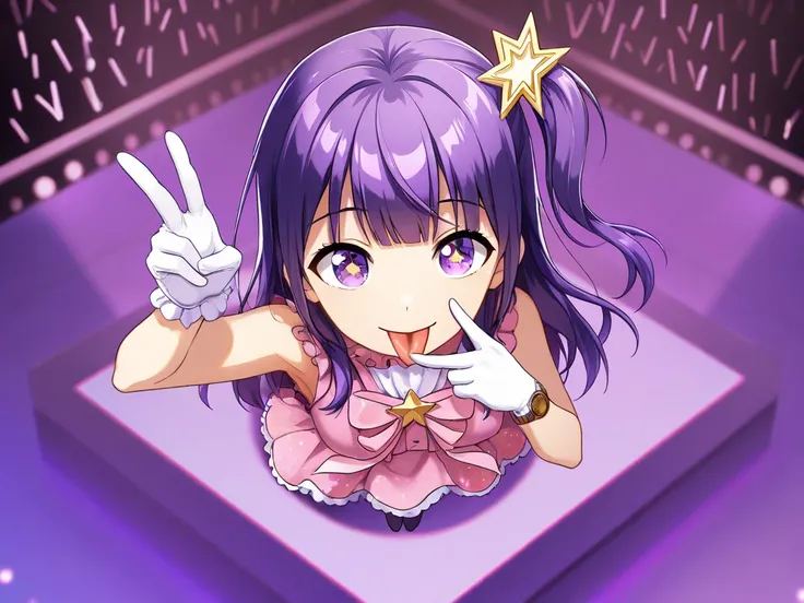 Hosono Ai , gloves, tongue sticking out, tongue, long hair, star (  symbol ),  watch viewer , (purple hair: 1.2), purple eyes, upper body, hair ornaments close to the garden, Raffles , pink  shirt, smile, sleeveless,  shirt, idol,   symbol  shaped pupil, r...