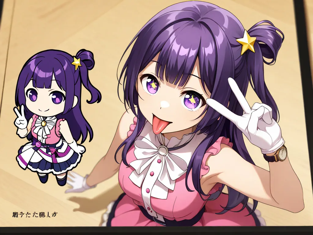 Hosono Ai , gloves, tongue sticking out, tongue, long hair, star (  symbol ),  watch viewer , (purple hair: 1.2), purple eyes, upper body, hair ornaments close to the garden, Raffles , pink  shirt, smile, sleeveless,  shirt, idol,   symbol  shaped pupil, r...