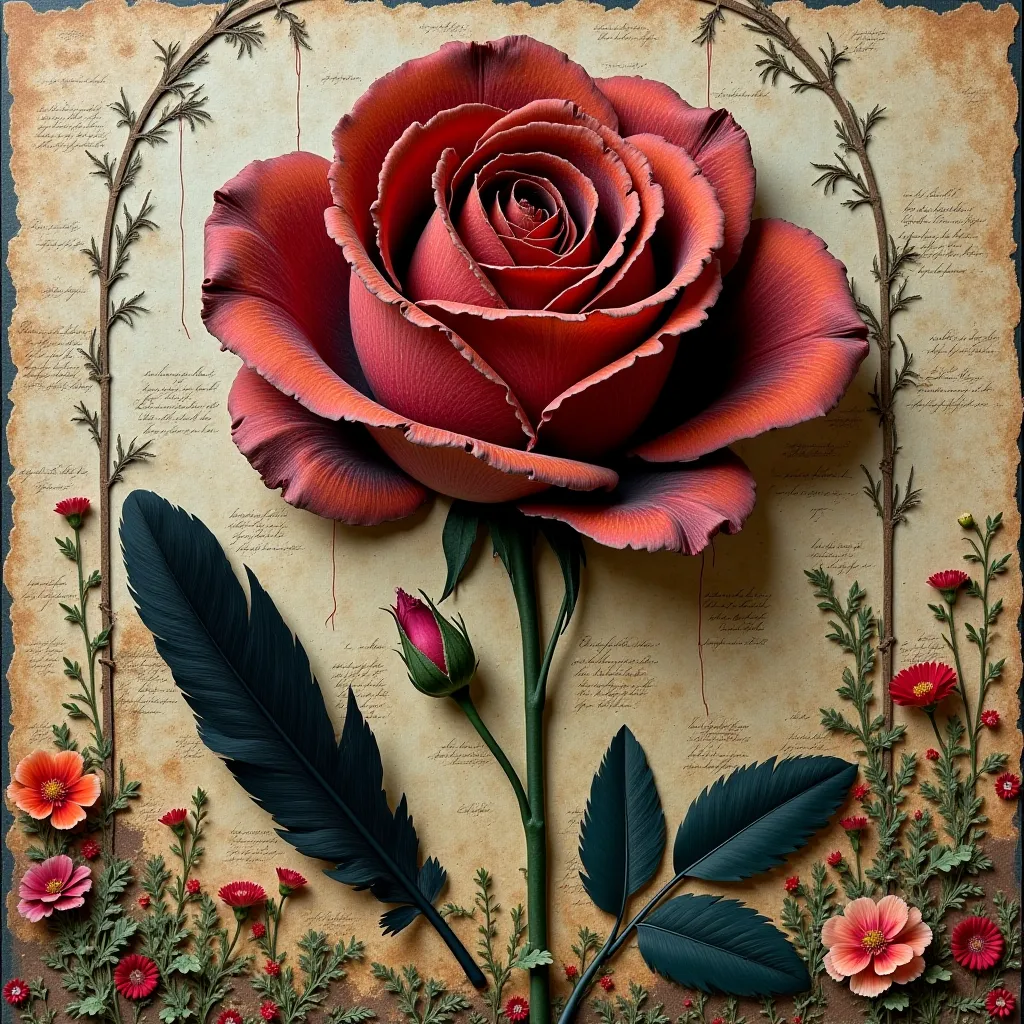 In a rich, fragmented layered paper collage, a scorched, brambled Wild English Rose—its crinkled petals shifting from deep burgundy to ashen brown with textured decay—commands a desolate gothic garden marked by sun-etched stone arches and skeletal ivy; rem...