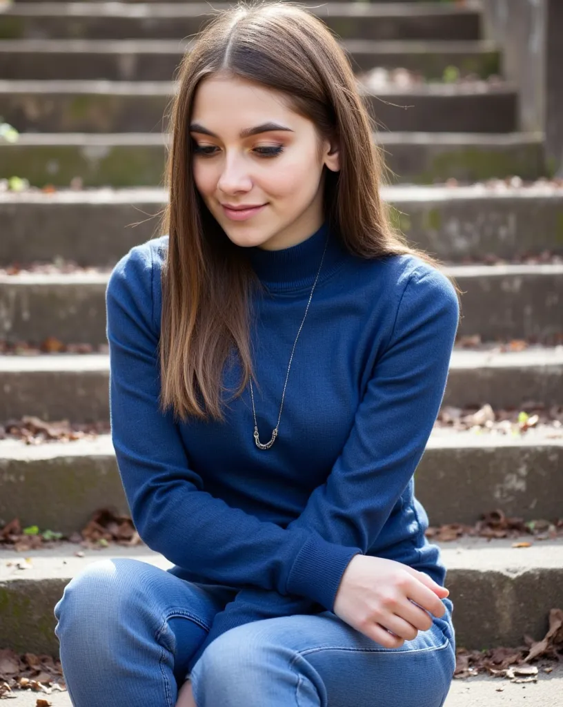  woman sitting on stairs . Has a blue sweater on.  and jeans . In addition, sneakers.  style photorealistic, sharp focus, very detailed, sunlight, detail, full body