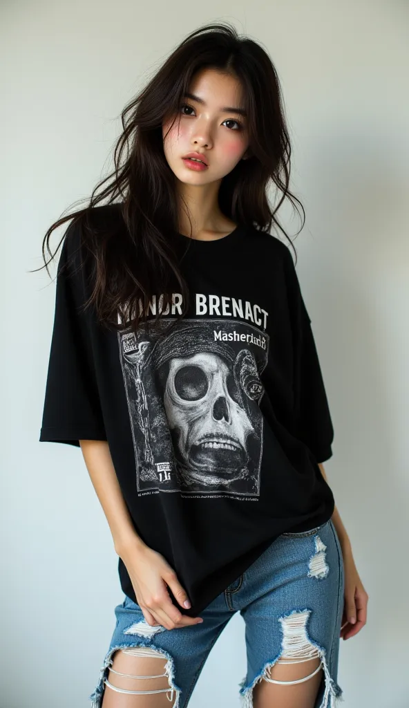 high-resolution photos of beautiful Korean women, Photorealistic,  masterpiece, great quality, complicated details, professional lighting,   Woman wearing oversized black graphic t-shirt and distressed jeans, long hair, Dancing, 
