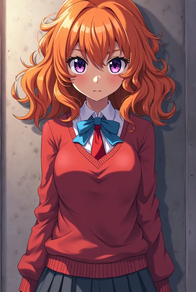 anime style poster, very attractive girl with pretty VERY curly and orange hair with white locks and a blue bow tie, purple eyes shirt,  with black skin /dark, Represent the colors orange, a girl with a serious face,  impressive, that is seen from head to ...