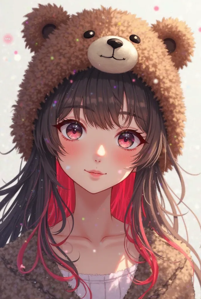 Anime girl with a bear helmet, red pink highlights on brunette hair