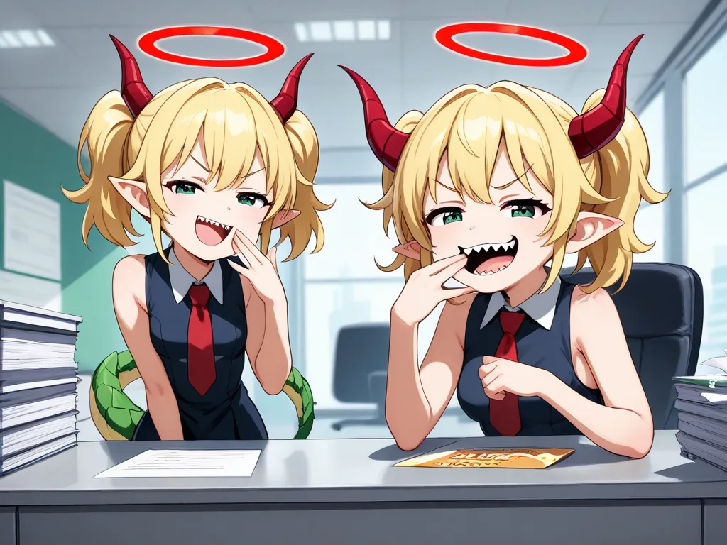 Momoka,  halo, short twin tail, horn, Upbeat Student , stupid hair, pointed ears, (Dragon tail:1.1), Collared dress, sleeveless dress, tie, small breasts, ( points to viewers:1.035), BREAK Laugh,  hide mouth , takes her hand to her mouth, sharp teeth, ( sm...