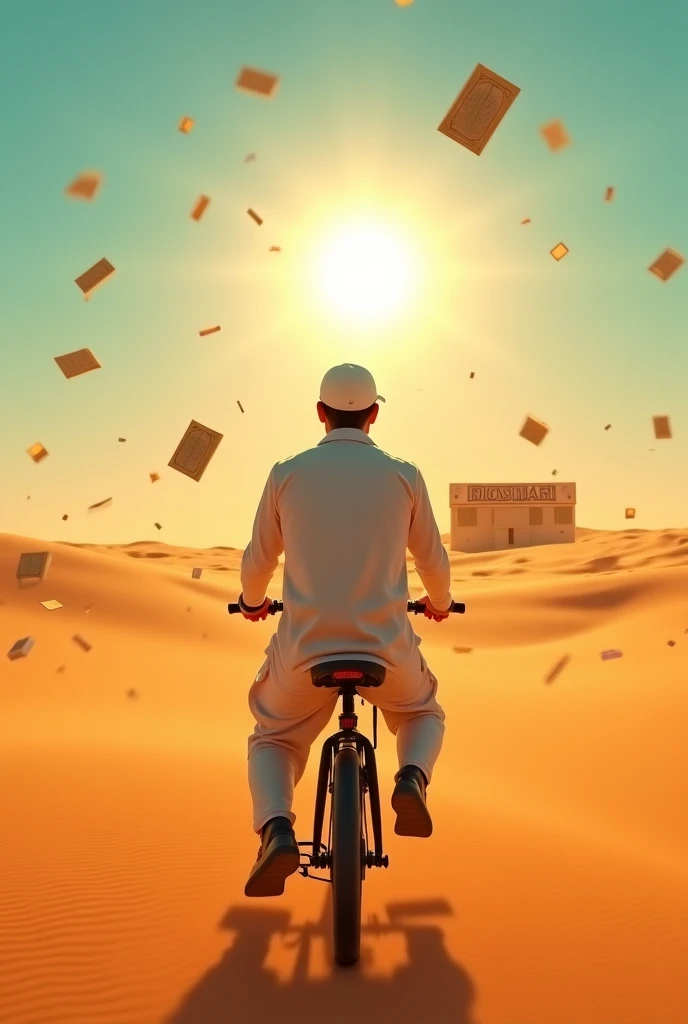 Here’s a prompt for generating the image:

"A Muslim man sitting on a bike with a quran in his hand, in the middle of a vast desert. In the background, there is a library with the sign 'Rokomari' written at the top. The sun is shining brightly in the sky, ...