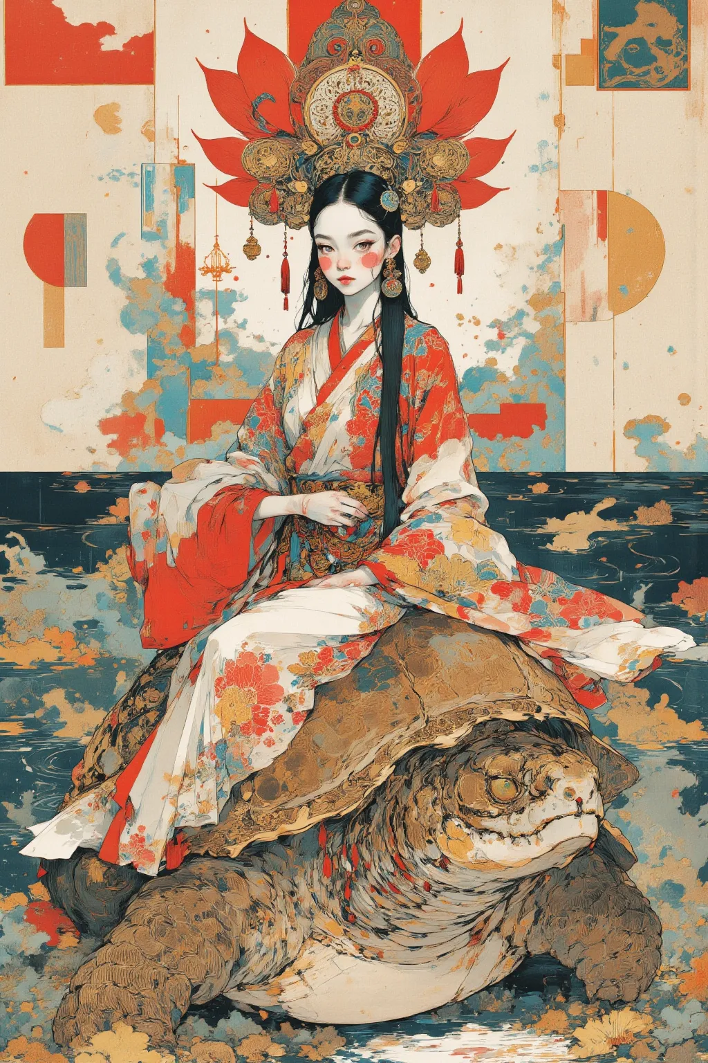 Close-up of a Picture of a Woman Riding a Giant Turtle, Tibetan painting, super detailed painting,十二単衣の girls on the left,Kimono spreads out into the abstract and blends into the background,Ashura,qigong , girls on the left,Tibetan Ultra-Detailed Precision...