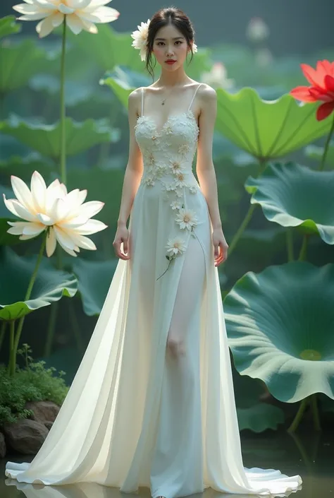 a woman in an elegant, flowing white gown adorned with floral designs. She is standing in a serene environment surrounded by large lotus flowers in various colors, including white and red, along with broad green leaves. The setting resembles a tranquil gar...