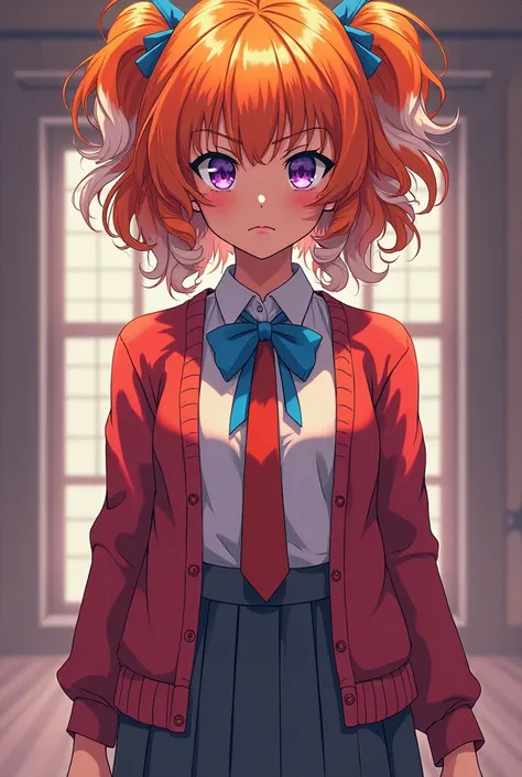 anime style poster, very attractive girl with pretty VERY curly and orange hair with white locks and a blue bow tie, purple eyes shirt,  with black skin /dark, Represent the colors orange, a girl with a serious face,  impressive, that is seen from head to ...