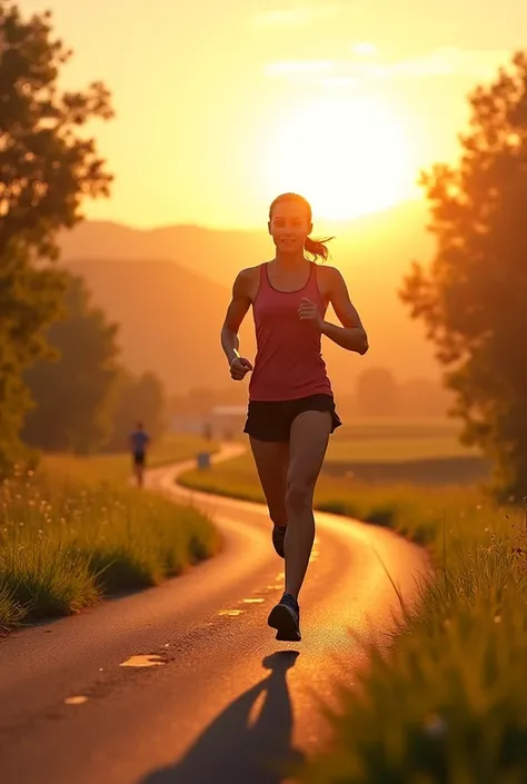 Healthy lifestyle — imagine an athletic person running in the morning on a beautiful road, with the golden sunshine behind.