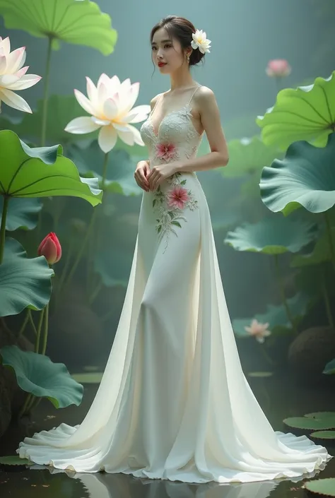 a woman in an elegant, flowing white gown adorned with floral designs. She is standing in a serene environment surrounded by large lotus flowers in various colors, including white and red, along with broad green leaves. The setting resembles a tranquil gar...