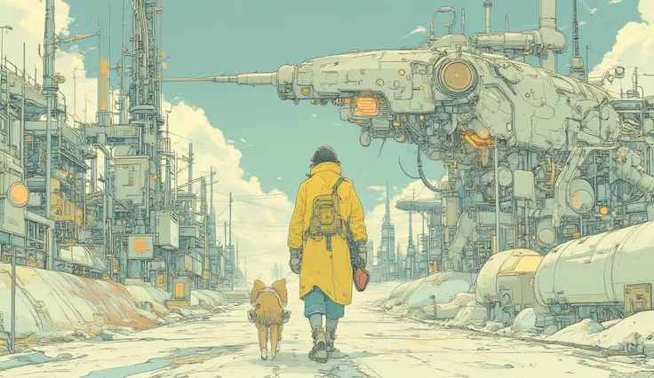 very aesthetic, hyper realistic, surrealism, a man, wear yellow coat, carry a big dog, and big gun, back view, view from behind, he is walking towards a futuristic space colony, full of mechanism, high technology, sci-fi, unknown planet, intricate details,...