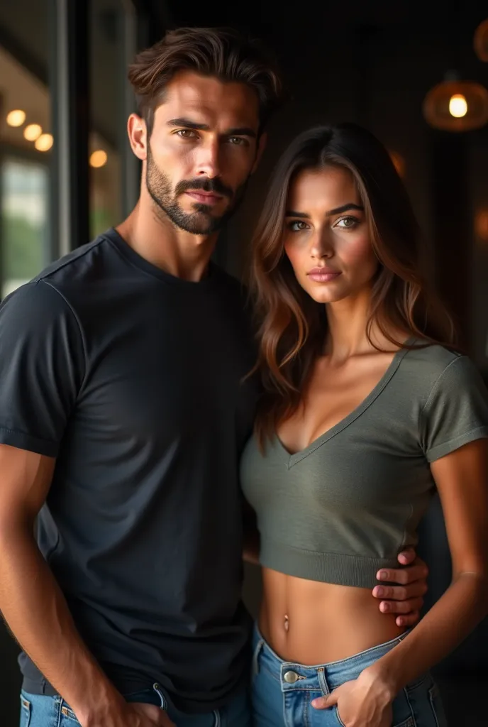 Un couple. l'homme d’une beauté saisissante, avec des traits du visage nets et une expression sérieuse. Son visage est harmonieux est n'est pas creusé. Il a des cheveux brun et des yeux marrons clairs captivant. Il porte un t-shirt ample et un jeans . La f...