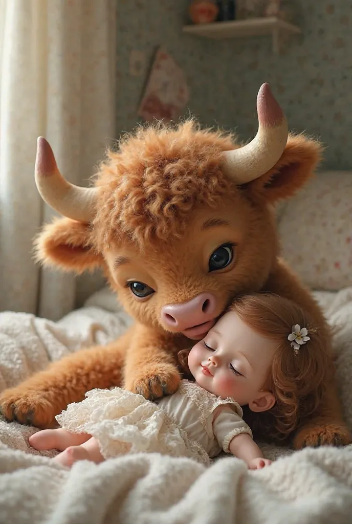 Cute bull cuddling sleeping doll