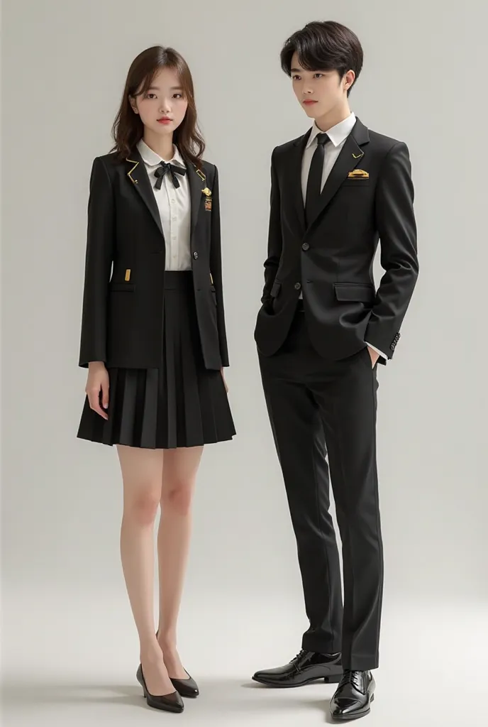 Black with gold color school uniform for men and women. Skirt for women and pants for men. Women wear a shoes with medium heels and men wear a flat shoes. From head to toe picture.