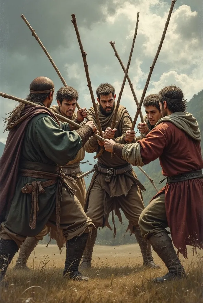  Five sticks on top of five people dressed differently from the middle ages while fighting.